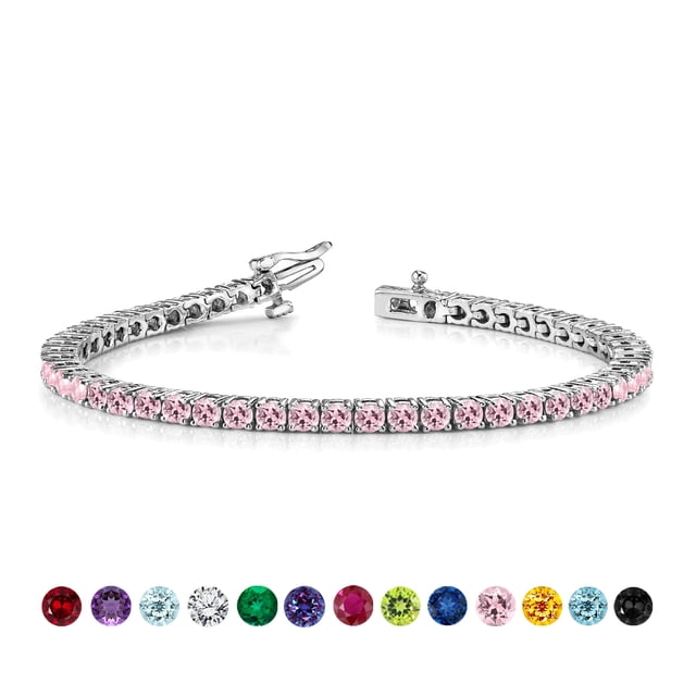 JeenMata Pulsera de Tenis de 3 Quilates con Turmalina Rosa de Corte Redondo de Octubre, Piedra Natal, Diseño de Eternidad, Chapado en Oro Blanco, para Mujer y Adulto