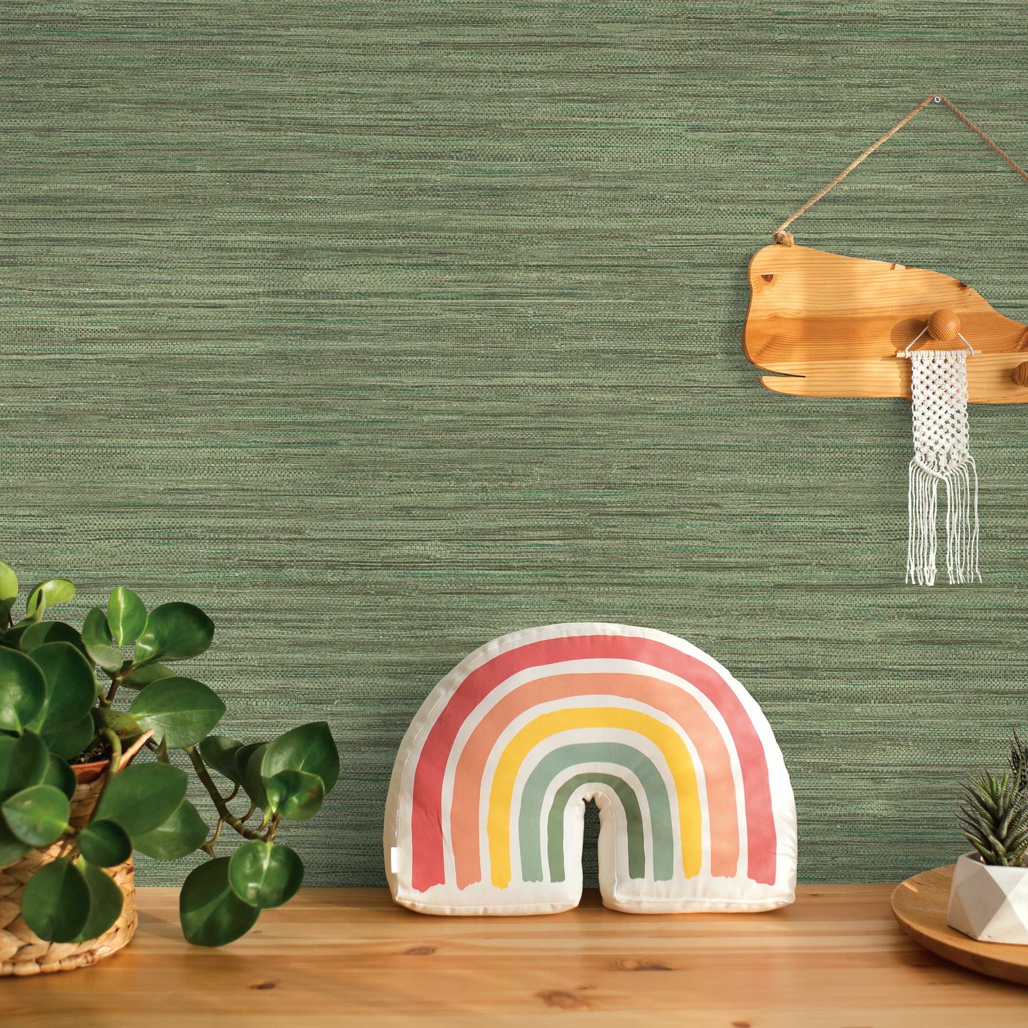 Tempaper Horizontal Faux Grasscloth Woodland Green Removable Peel and Stick Wallpaper, 20.5 in X 16.5 ft
