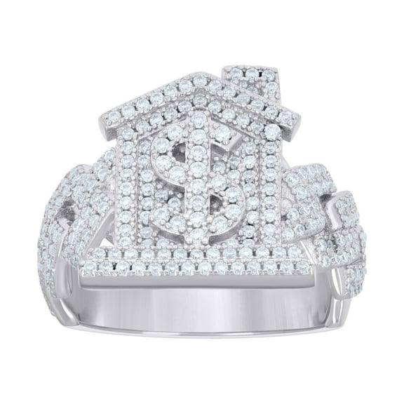 925 Sterling Silver Round Cut Moissanite Men's Cluster Cash Money Dollar Sign Trap House Pinky Ring 1.22 Ct. | Size 10
