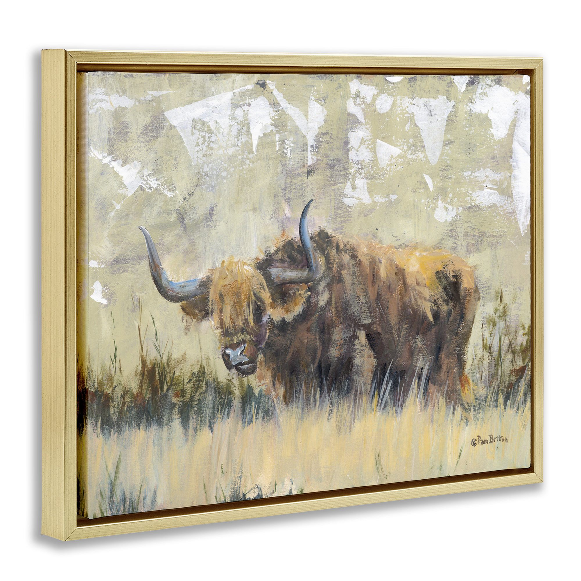 Stupell Industries Rustic Patterned Longhorn Animals & Insects Painting Gold Floater Framed Canvas Art Print Wall Art, 21 x 17