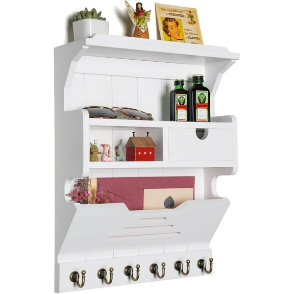 Key Holder for Wall, Elegant Wall-Mounted Mail Organizer with Storage Drawers & 6 Key Hooks, Pine Wood Luxury White