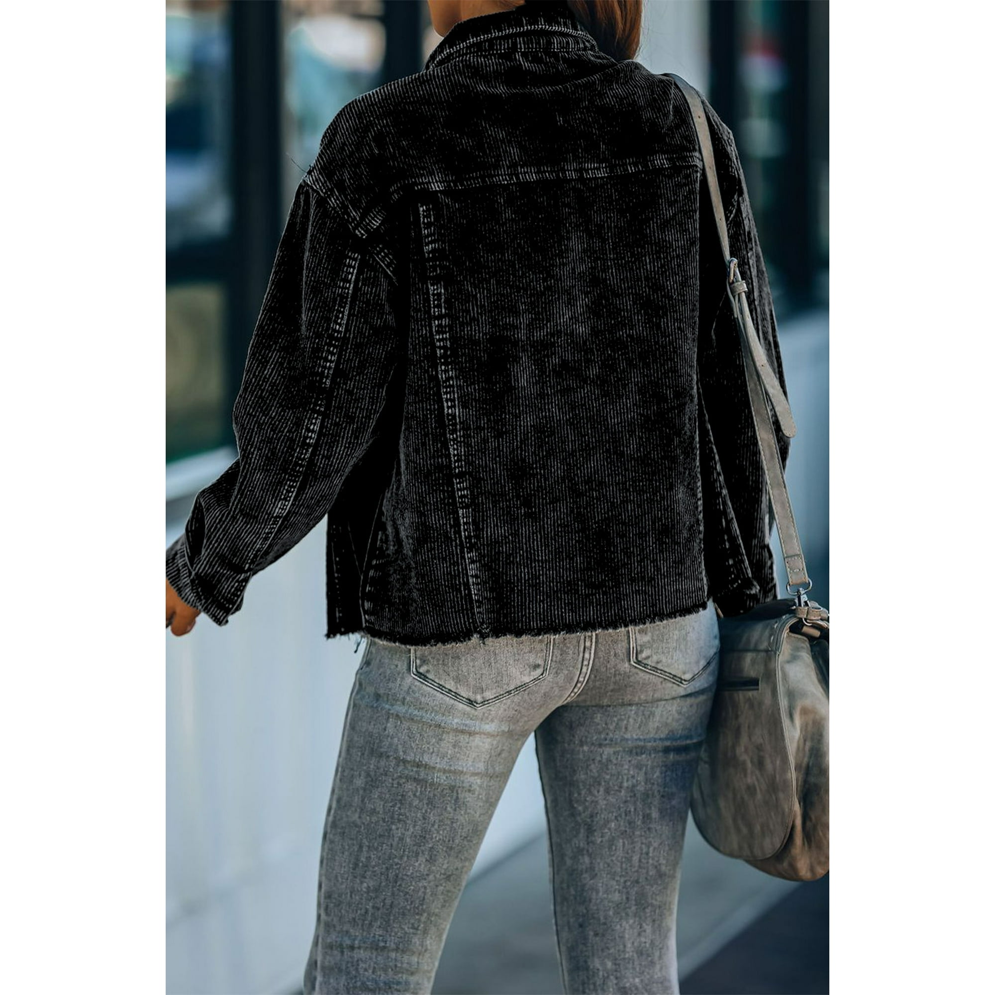 Women s Black Corduroy Pocket Buttoned Jacket