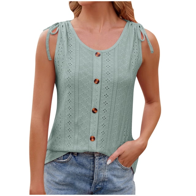 FAIWAD Summer Tank Tops for Women Sleeveless Drawstring Shoulder Tops Casual Button Front Camisoles Blouses