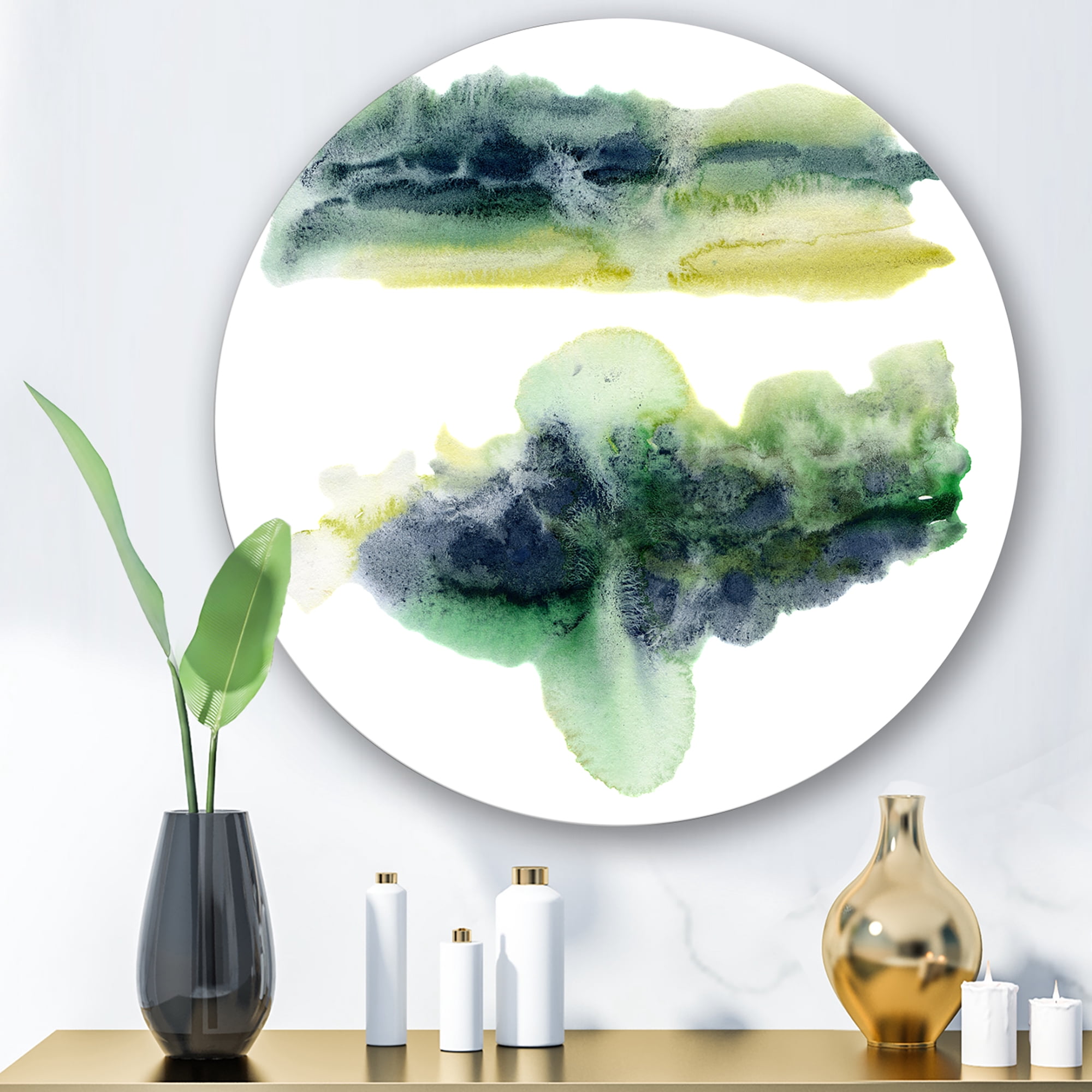 Designart 'Golden Green Abstract Clouds IV' Modern Circle Metal Wall Art 23x23 - Disc of 23