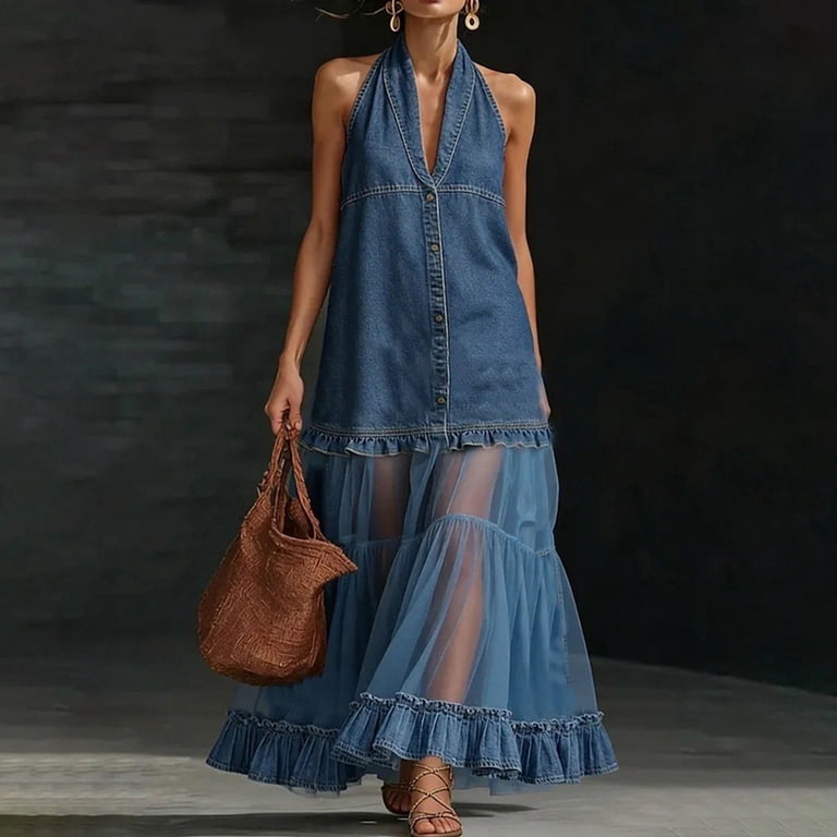 Swanpen Denim Mesh Patchwork Maxi Dress Women's Halter Sleeveless Ruffle Hem Flowy Casual Dress for Holiday Party Beach, Size: 3XL, Brown