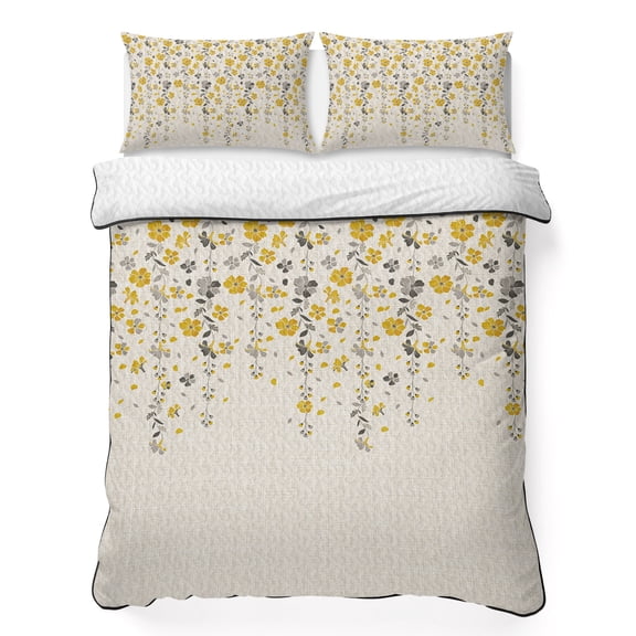 Twin Quilt Set 68''x86'', Weeping Flowers Lightweight Summer Bedspread Coverlet Set with 2 Pillow Shams, Yellow Grey Spring Floral Rustic Burlap Breathable All Season Quilt Bedding for Dorm/Bedroom