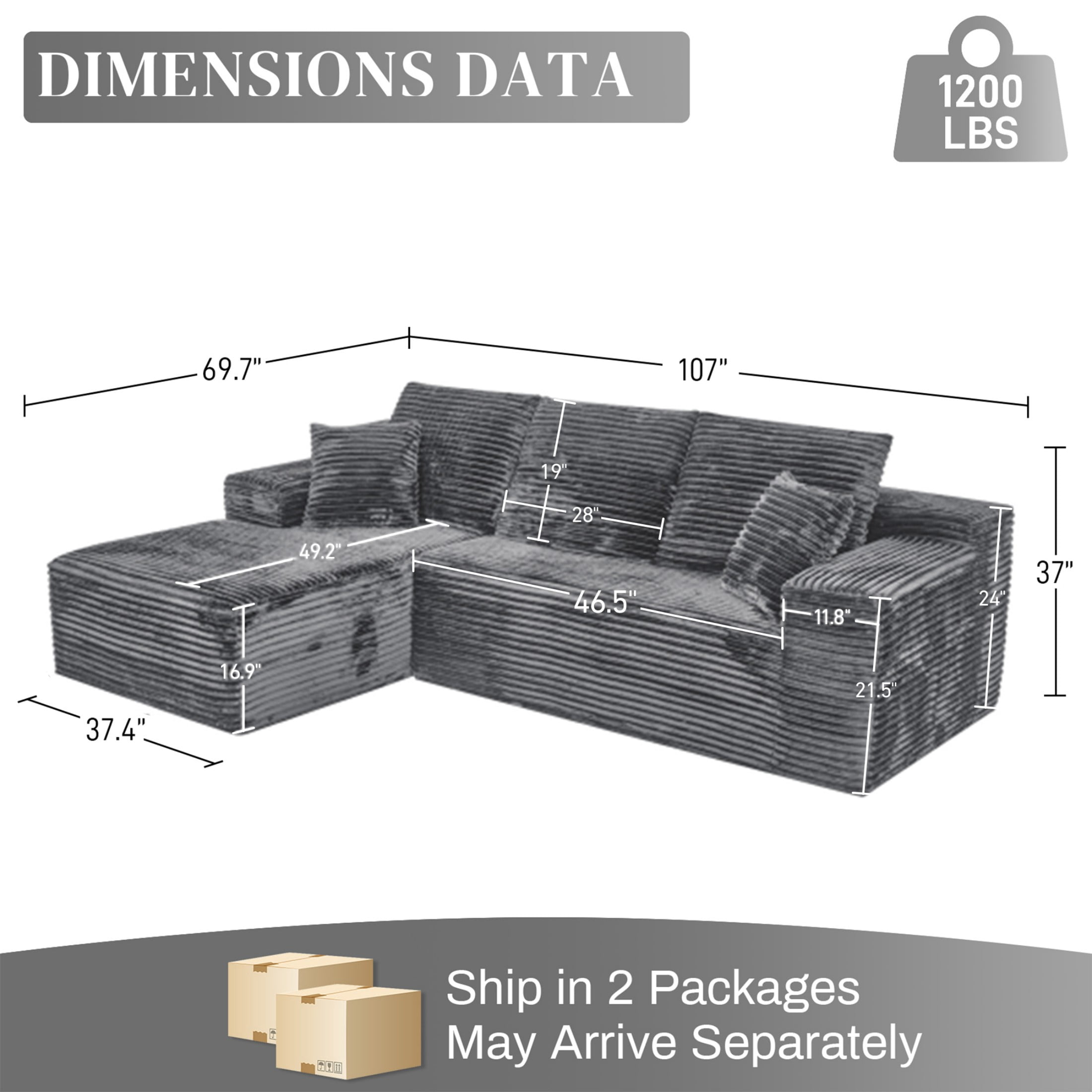 Aukfa 107" Cloud Modular Sectional Couch with Left-Facing Chaise, Corduroy Deep Seat Boneless Sofa for Living Room, Apartment, Gray