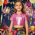 thumbnail image 2 of Huowey Shirt For Girls Shine Sequins Shirts Crop Top Short Sleeve Round Neck Carnival Performance Glitter Sequin Stretch Tee Dancewear Athletic Baggy Tops,Hot Pink,5-6 Years, 2 of 4
