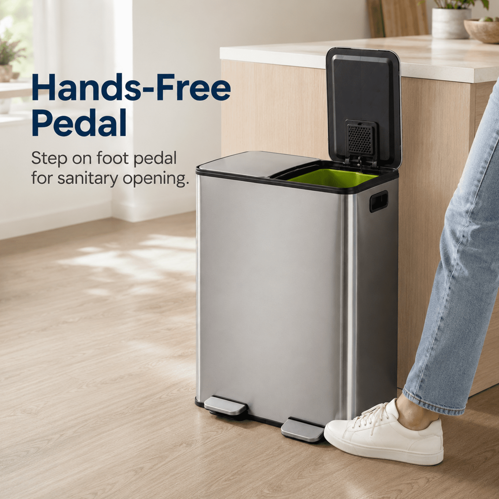 Alvantor Dual Bin Trash Can, 2 x 8 Gallon (2 x 30 L) Garbage Can for Kitchen, Soft-Close Lid and Removable Inner Buckets, Odor Control, Fingerprint-Resistant, Stainless Steel