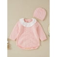 thumbnail image 2 of TSEXIEFOOFU Baby Girls Jumpsuits Outfit Patchwork Ruffle Collar Long Sleeves Knitted Romper and Beanie Hat Set, 2 of 9