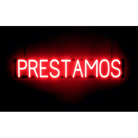 SpellBrite PRESTAMOS LED Sign for Business. 36.0" x 6.3" Red PRESTAMOS Sign Has Neon Sign Look With Energy Efficient LED Light Source. Visible from 500+ Feet, 8 Animation Settings.