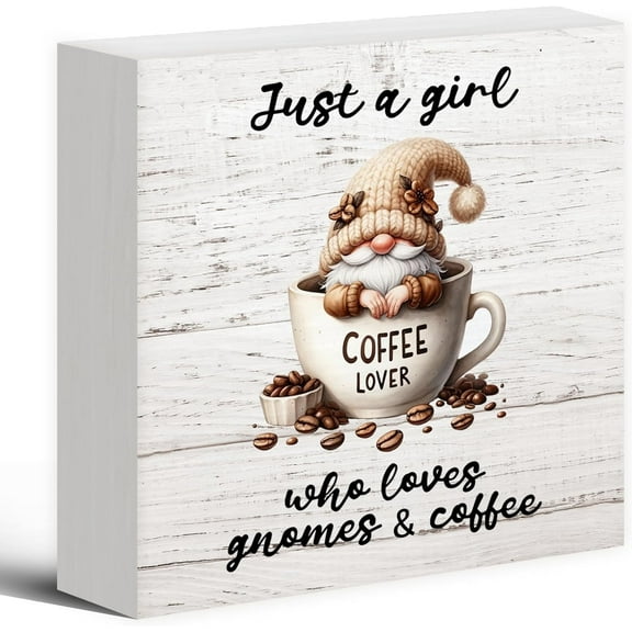 7X7 Inch Rustic Coffee Gnomes Wood Box Sign Desk Decor, Coffee Lovers Who Loves Gnomes And Coffee Funny Gnome Wooden Block Sign Decorations For Kitchen Coffee Bar Station Wall Tabletop Shelf Decors