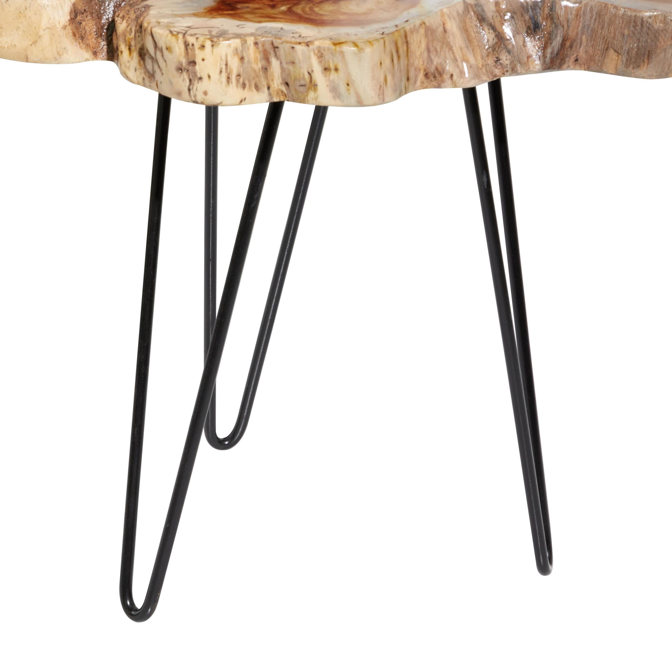 DecMode 20" x 21" Brown Teak Wood Live Edge Top Accent Table with Black Metal Hairpin Legs, 2-Pieces
