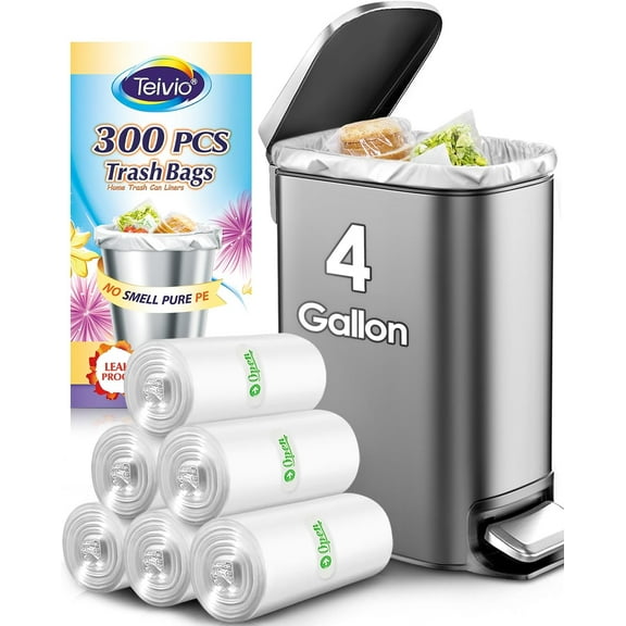 Teivio 4 Gallon 300 Counts Strong Clear Trash Bags Garbage Bags, Mini Waste Basket Liners,Bathroom Trash Can Bin Liners, Small Plastic Bags for Home Office Kitchen Car Bedroom Dog waste Baby Diaper