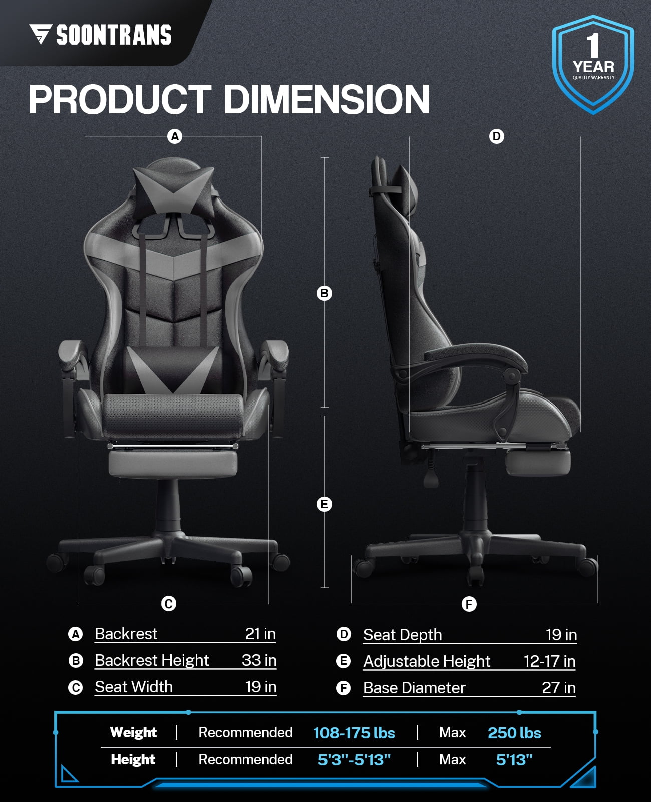 SOONTRANS Gaming Chair with Footrest, Ergonomic Game Gamer Chair with Lumbar Support & Headrest, Recliner Leather Computer Chairs