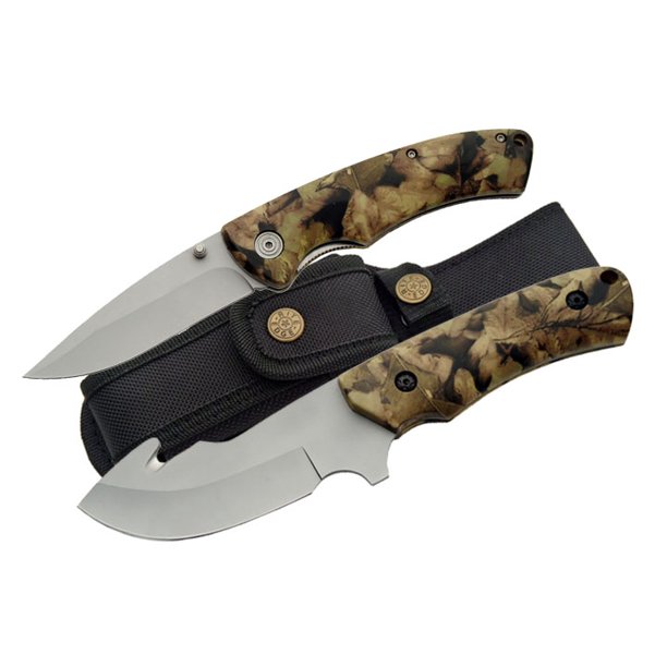 NEW Camouflage Gut Hook FixedBlade and Folding Hunting Skinning Knife