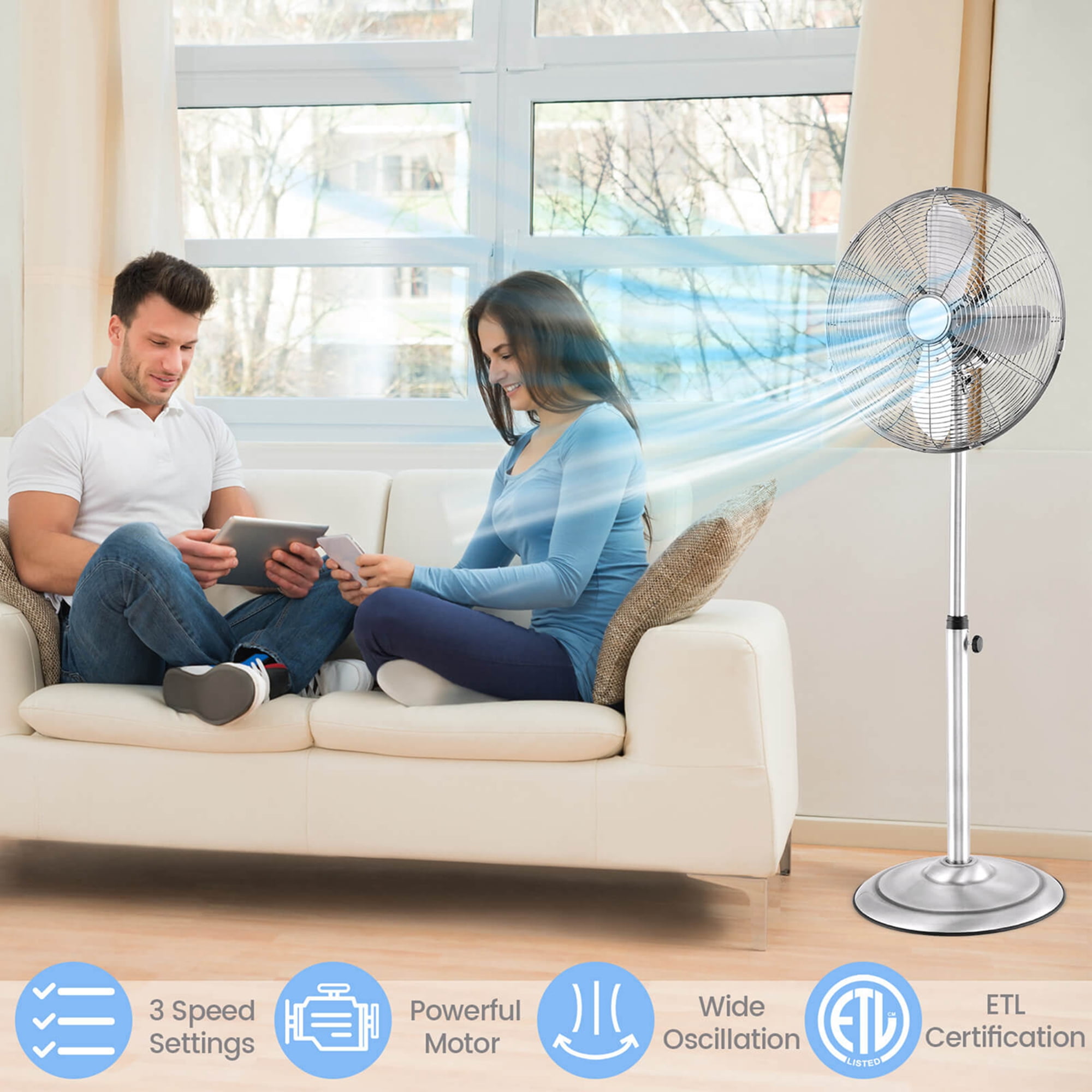 Costway 16" Standing Pedestal Fan with 3 Speed Settings Carrying Handle Aluminum Blades Silver