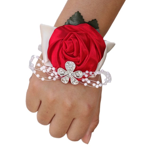 Monstrate Elegante ramillete de muñeca de rosa de satén hecho a mano para bodas y graduaciones Fácil de usar Muñequera elástica N24 rojo Type3 NO3