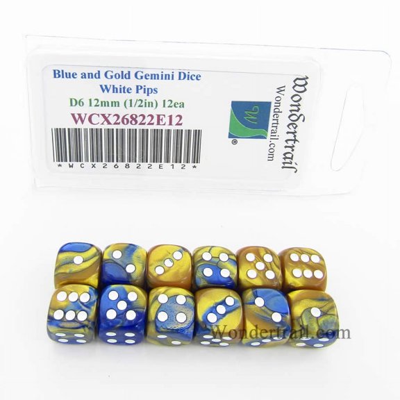 Blue and Gold Gemini Dice with White Pips D6 12mm (1/2in) Pack of 12 Wondertrail