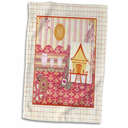 3dRose 3 Pigs  Design Lines  Fans  Flower  Hut  Pink  Orange  Sign of the Pig - Towel  15 by 22-inch (twl_287000_1)