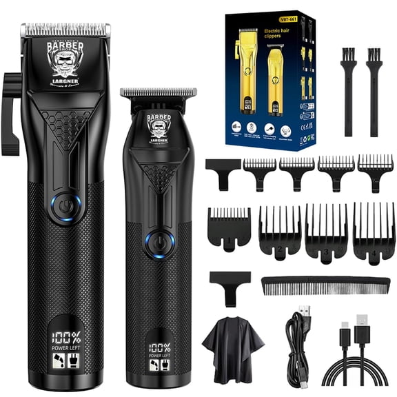 LARGNER 2-in-1 Barber Kit for Men, Metal Grip Cordless Hair Clipper & T-Blade Beard Trimmer with Smart LCD, Matte Black