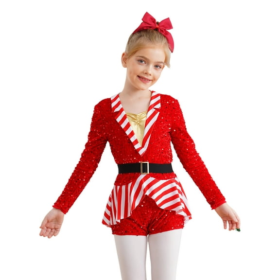 Ocealan Kids Girls Sequins Candy Cane Stripes Christmas Outfits Long Sleeve One Piece Bodysuit Red 6