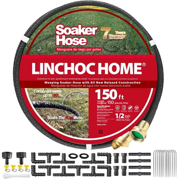 PLUHKN-Soaker Hose 150FT 1/2 Inch with Solid Brass Connectors & Garden Stakes Kit, Flexible Leakproof Irrigation System for Garden, Lawn & Landscape