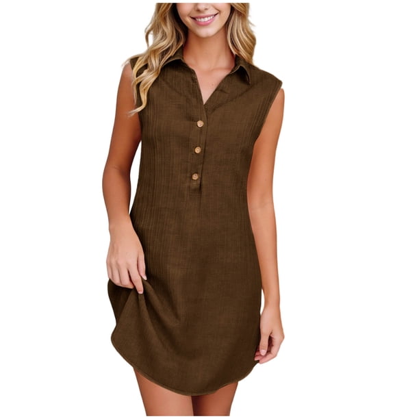 Vestido de Camisa de Cuello sin Mangas de Tamaño Más Alto, Color Sólido Mini Casual con Bolsillos para el Verano
