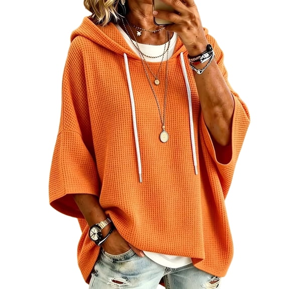 Sweaters for Women Waffle Knit Summer Light Sweater Oversized Loose Fit 3/4 Batwing Sleeve Hooded Drawstring Streetwear Casual Sweater