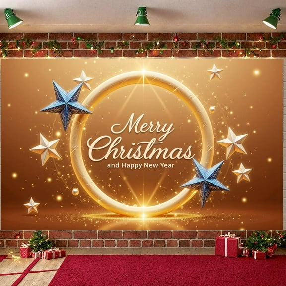 Gold Theme Merry Christmas Banner Star Decorated Happy New Year Banner Shiny Green Wave Holiday Banner for Christmas Party New Year Celebration Indoor Decoration
