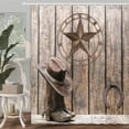 thumbnail image 3 of Western Shower Curtain, Western Texas Star Horseshoes Shower Curtain for Bathroom, Cowboy Hat Riding Boots Shower Curtains Rustic Wooden Board Farmhouse Barn Door Bathroom Curtain with Hooks (70X70), 3 of 5