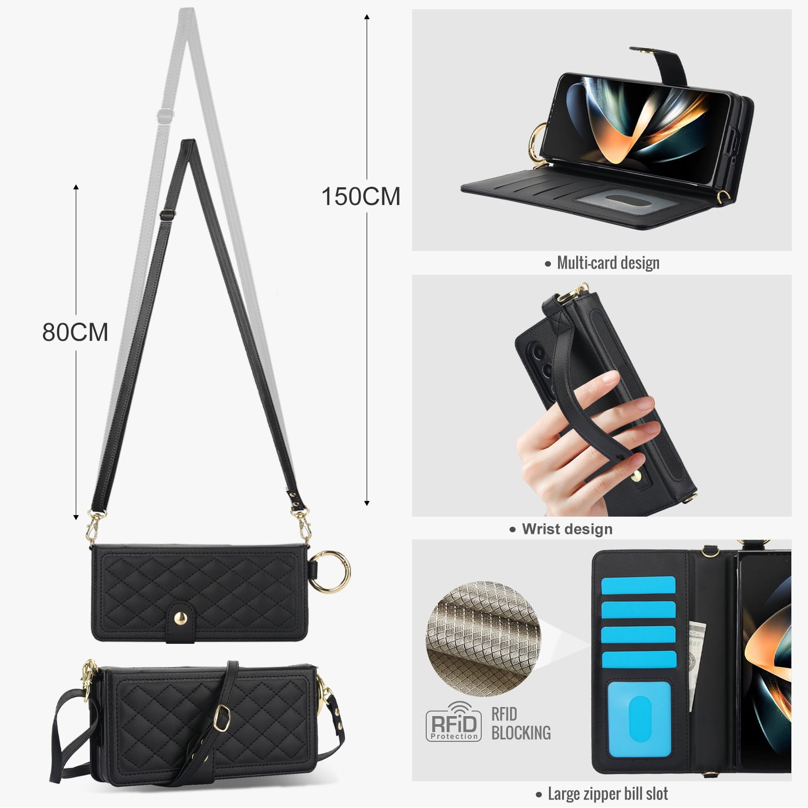 for Samsung Galaxy Z Fold 3 Crossbody Wallet Case, RFID Blocking Card Slots, Ring Buckle Luxury PU Leather Flip Phone Case with Pen Slot Lanyard Strap Wristband Kickstand Cover, Black