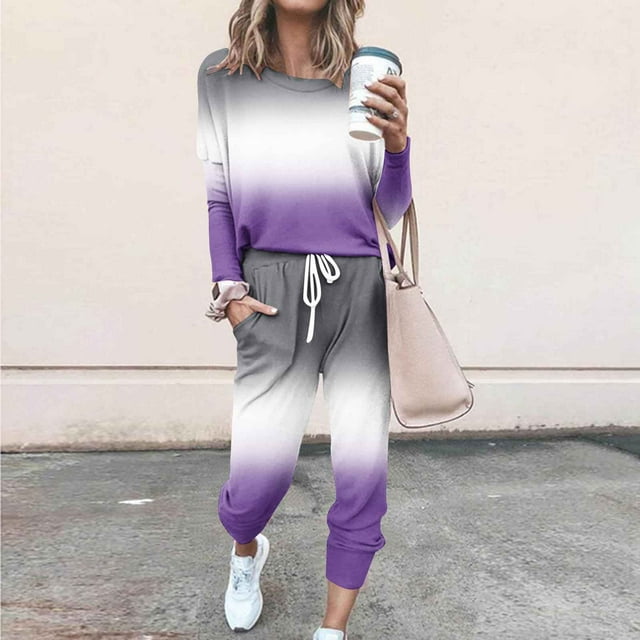 UPPADA Ensemble de Survêtement 2 Pcs pour Femmes, Survêtement pour Femmes 2 Pcs Tenues Chandails à Col Rond Chandails Molletonnés Hauts à Enfiler Pantalons Jogger Ensembles de Détente avec Poches Violet, XXXXXL