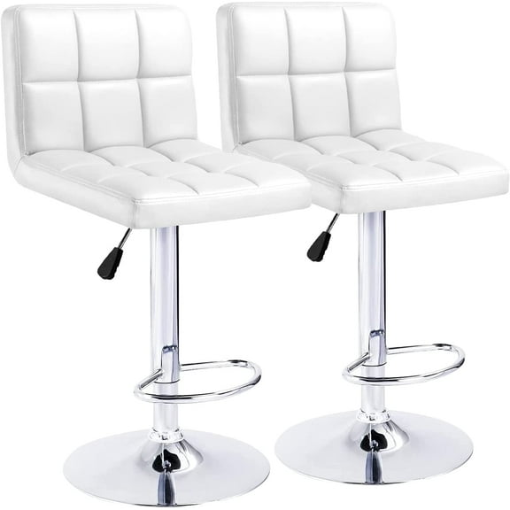 KaiMeng Bar Stools Modern Square Counter Height Barstool 22" to 33" PU Leather Swivel Adjustable Stool with Back Set of 2 for Kitchen Dining (White)