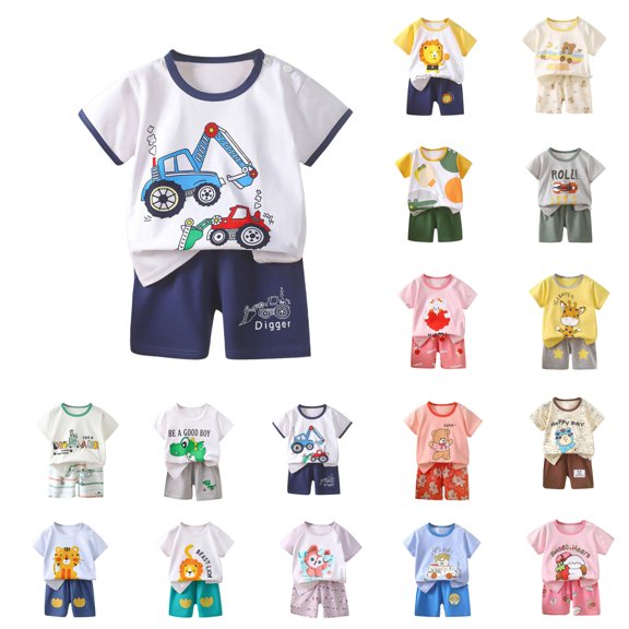 YHAJDS Kids Girls Boys 2 Piece Outfits Cotton Print Short Sleeve Round Neck Top Shorts