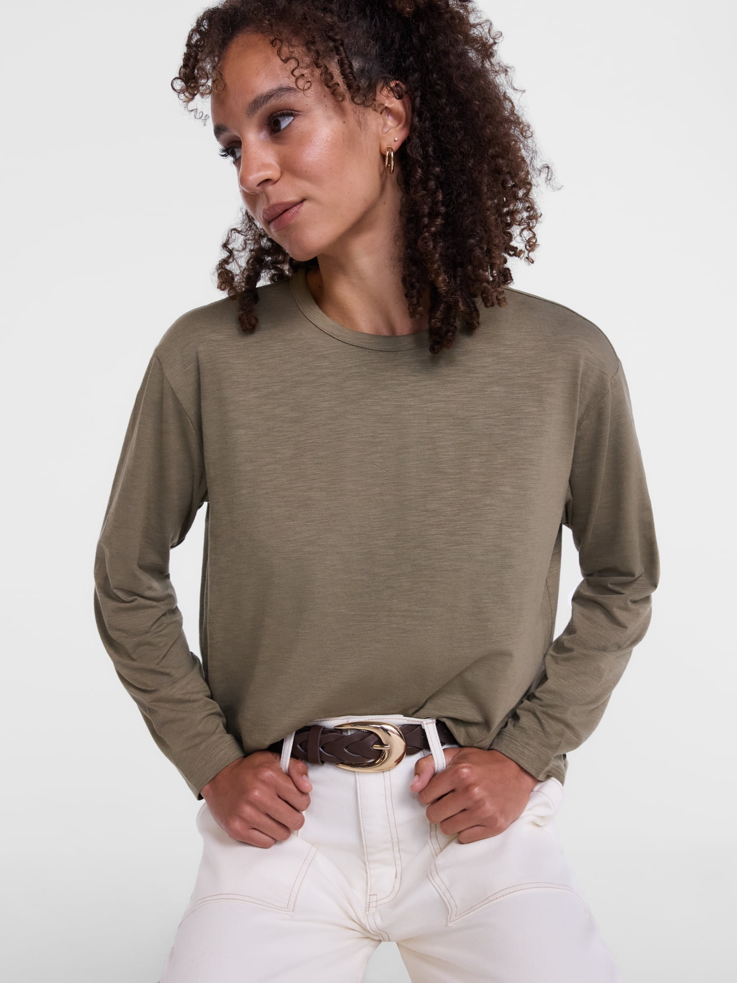 Scenario Women's and Women's Plus Relaxed Slub Tee with Long Sleeves, Sizes XS-4X