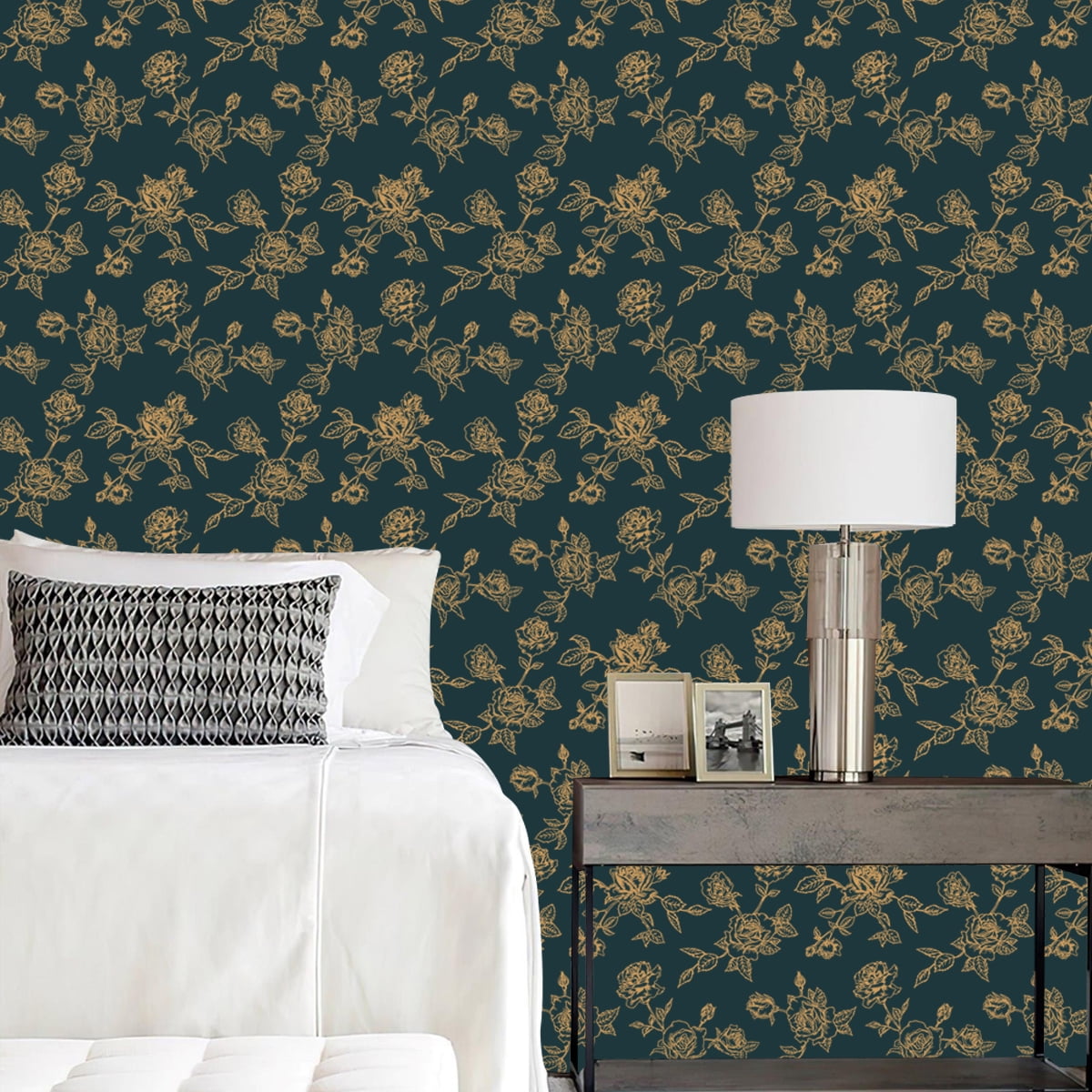 Arthome Blue Gold Flower-1, Peel & Stick Wallpaper 17"×120"