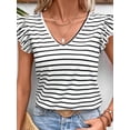 thumbnail image 3 of Women's Summer Fly Sleeves Tops Stripe Print V-Neck Back Tie Bow Loose T-Shirt Streetwear, 3 of 9