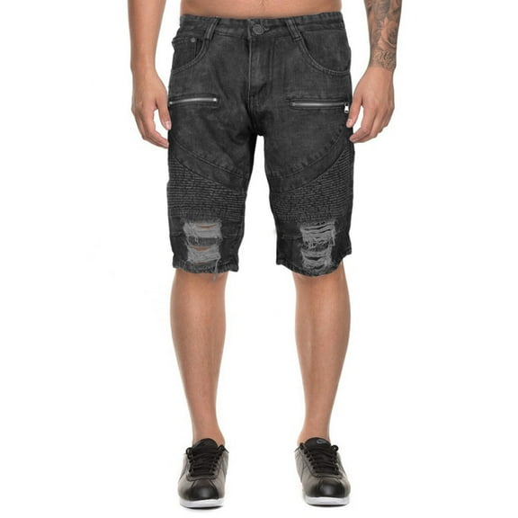 LR Scoop Men's Moto Quilted Distressed Painted Skinny Slim Fit Jean Denim Shorts (Black,30)
