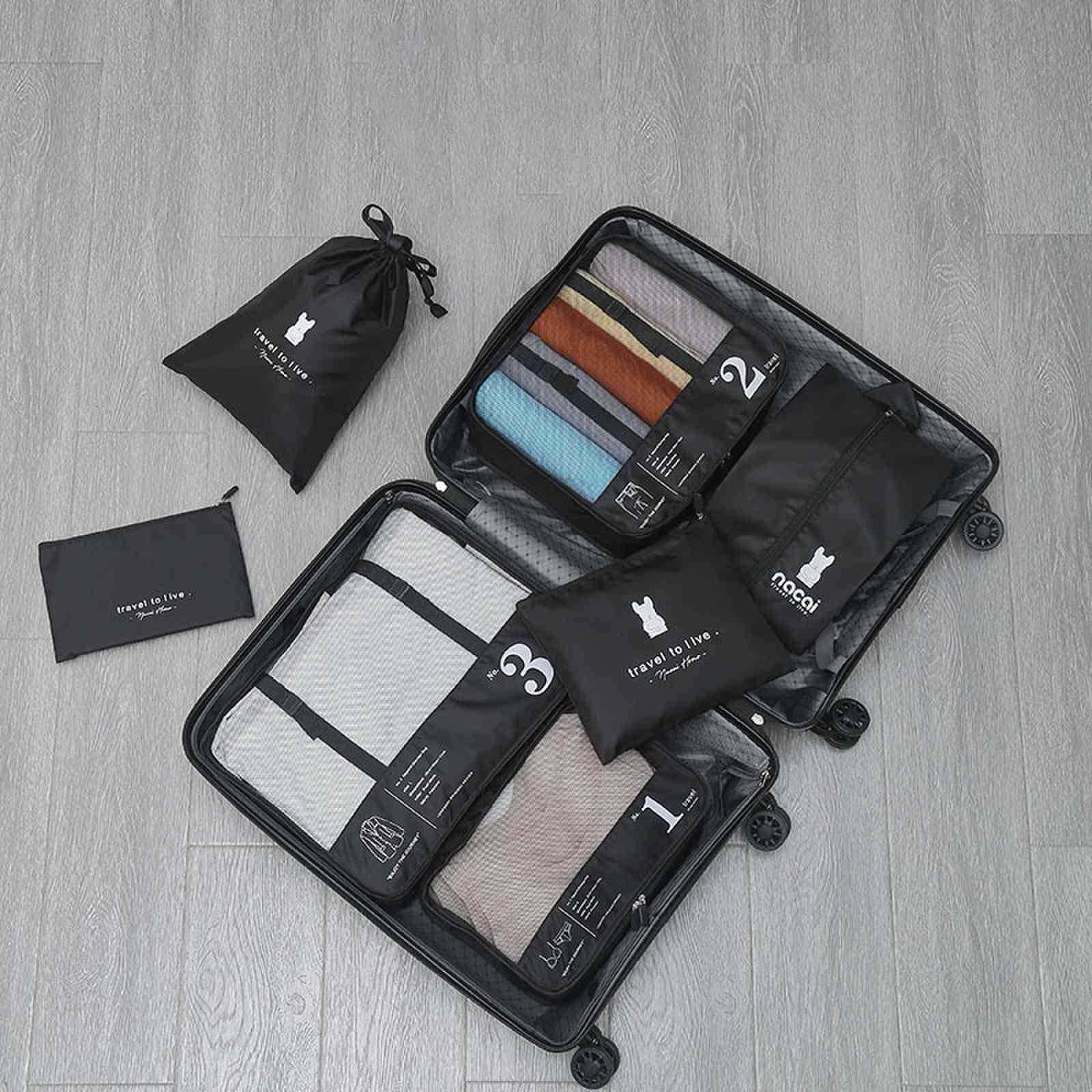 7-Piece Travel Luggage Organizer Set with Laundry Bag, Shoe Bag, Clothing Bags, Lingerie Bag - Black Plastic Packing Cubes for Suitcase Organization, Space-Saving Travel Accessories