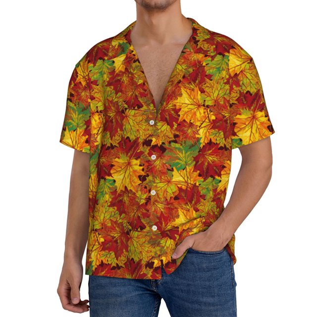 Fotbe Vintage maple leaf autumn Camisa Estampada de Manga Corta para Hombre, Casual de Verano, Estilo Playero, Sin Arrugas-Large