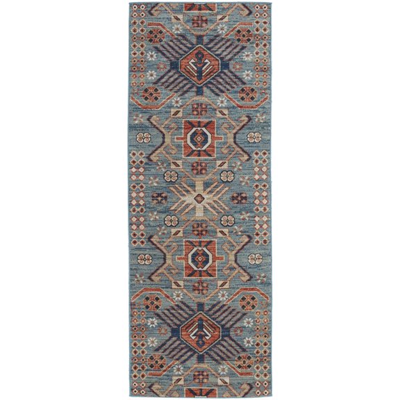 Feizy Nolan Transitional Southwestern, Blue/Red/Tan, 2'10" x 7'10" Runner Easy Care Stain Resistant Fade Resistant Southwestern Diamond Floor Rug for Living room Bedroom