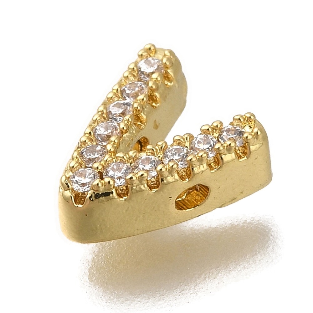 Rack Plating Brass Micro Pave Clear Cubic Zirconia Beads Long-Lasting Plated Cadmium Free Lead Free Real 18K Gold Plated Letter V 8x7x3mm