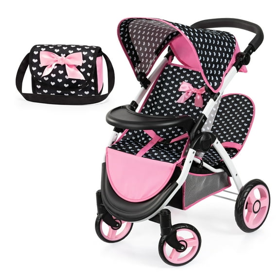 Bayer Design Twin Dolls Stroller with Shoulder Bag, Pink and Black