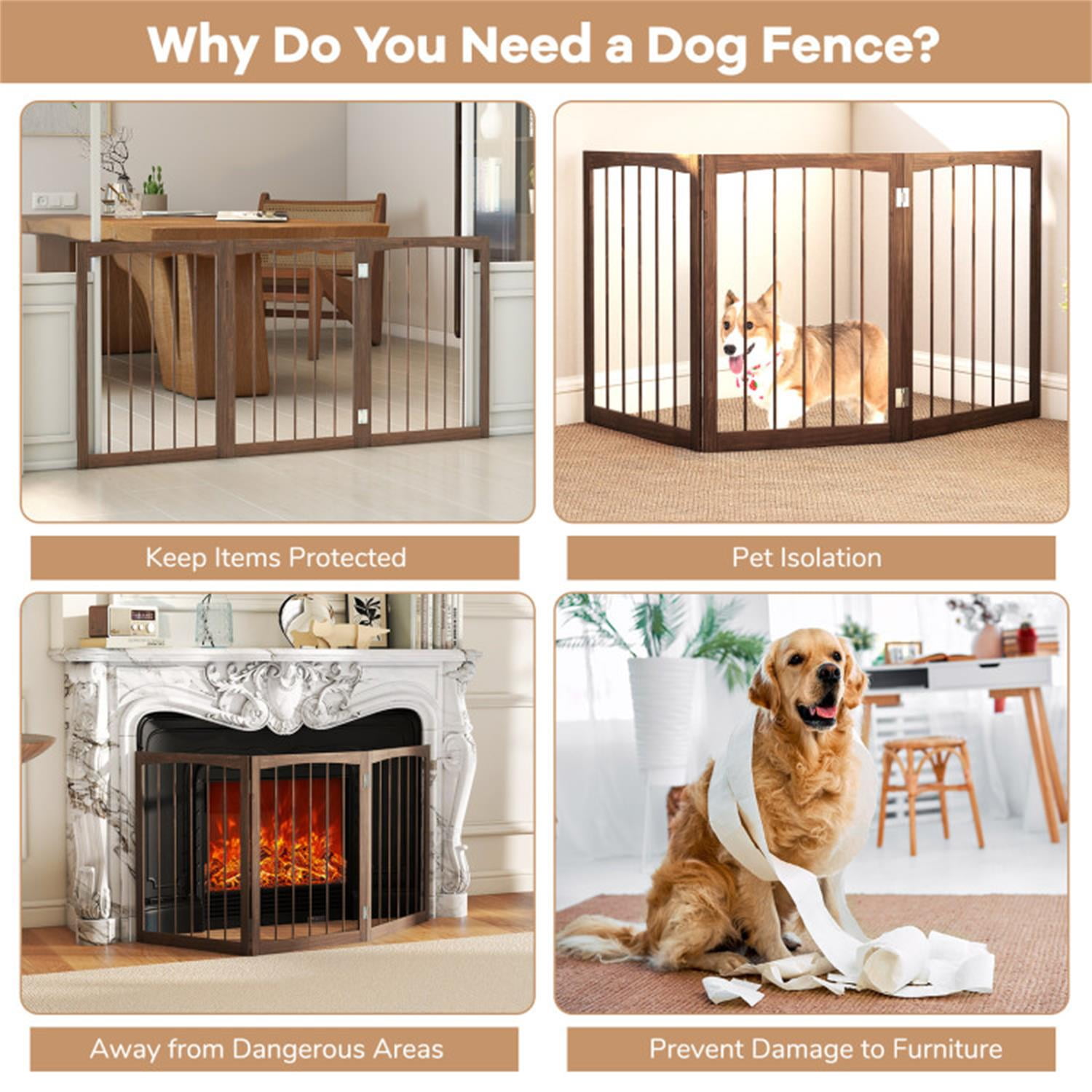 Pefilos 17.5" Freestanding Pet Dog Gate for House Doorway Stairs Indoor Wooden Dog Fence 3 Panels Foldable, Beige