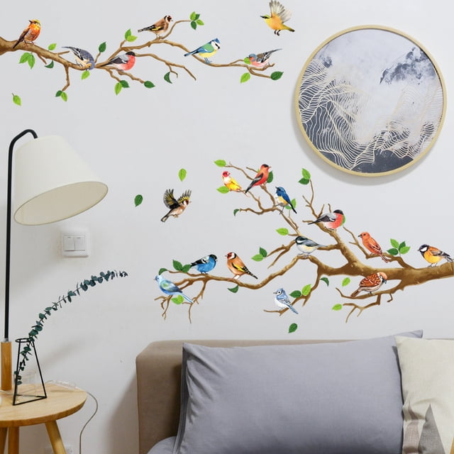 Pegatina de pared de hoja y pájaro de Laklulu, calcomanía de pared natural de planta de hojas de árbol, pegatinas decorativas de pared, despegar y pegar