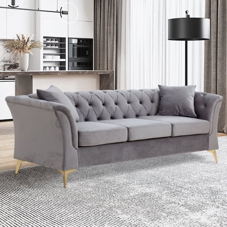 Williamspace 83.9" Modern Chesterfield Sofa with 2 Pillows,Tufted Velvet Upholstered 3 Seater Sofa for Living Room Office Apartment,Gray