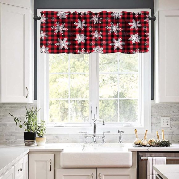 Christmas Curtains Valance, Buffalo Check Snowflake Merry Christmas Short Rod Pocket Curtains, Bedroom Living Room Window Treatments 54x18 Inches
