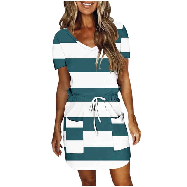 Robes pour Femmes, Mode Féminine Robe Mi-Mollet à Manches Courtes Col en V Couleur Unie