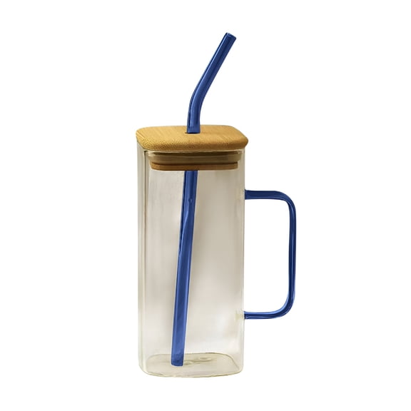 ACDANC Glass Drinking Cup 10 oz Square Glass Tumbler with Handle Clear Coffee Cups with Lids and Straws Portable Water Bottles Milk Jar Can hold various beverages